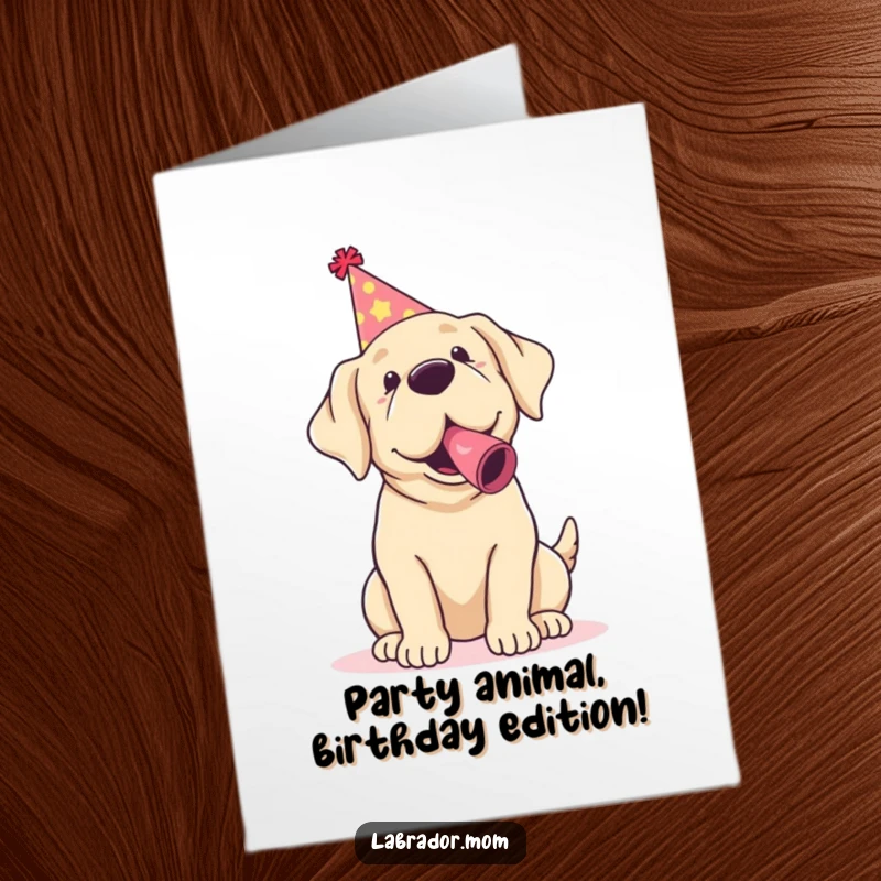 Funny Free Printable birthday card featuring a kawaii labrador wearing a party hat and joyfully blowing a noisemaker, celebrating with ultimate doggy enthusiasm.