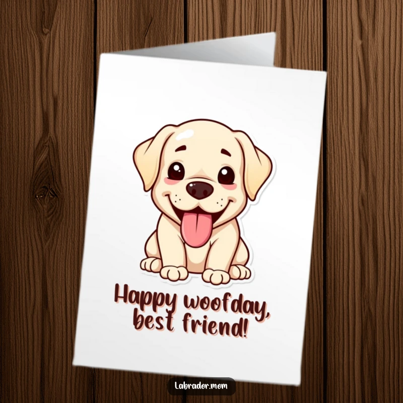 Funny Free Printable Kawaii Labrador Birthday Card showing a happy Labrador panting with its tongue out, radiating pure birthday excitement.