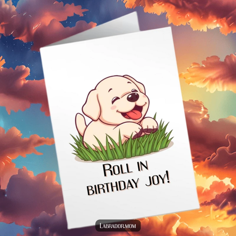 Funny Free Printable Playful Lab Birthday Card: Kawaii labrador joyfully rolling in green grass, celebrating.