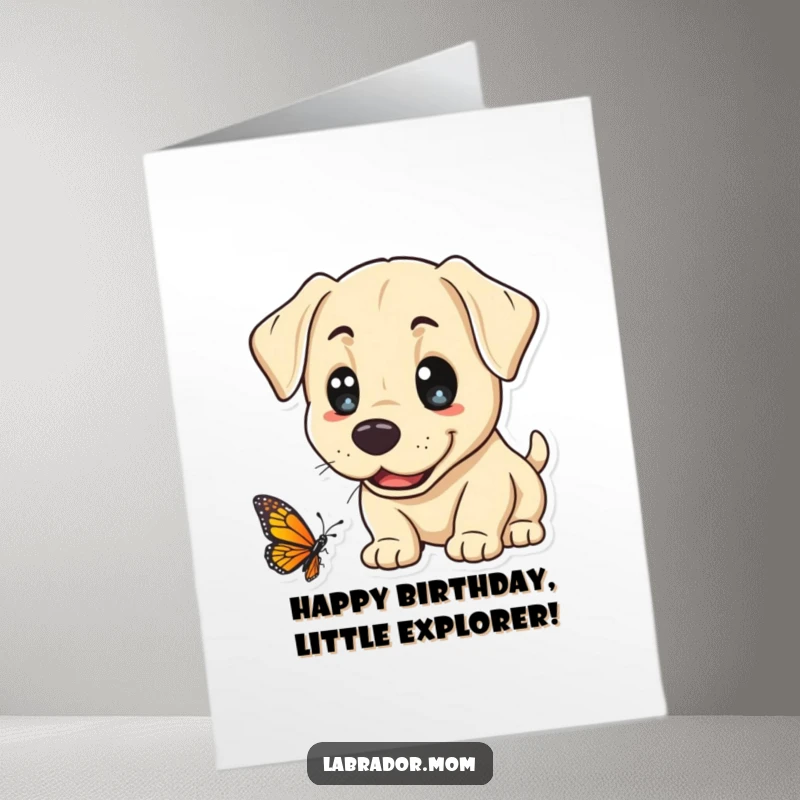 Funny Free Printable Birthday Card: Kawaii Labrador with wide eyes curiously sniffs a vibrant butterfly, pure innocent joy.