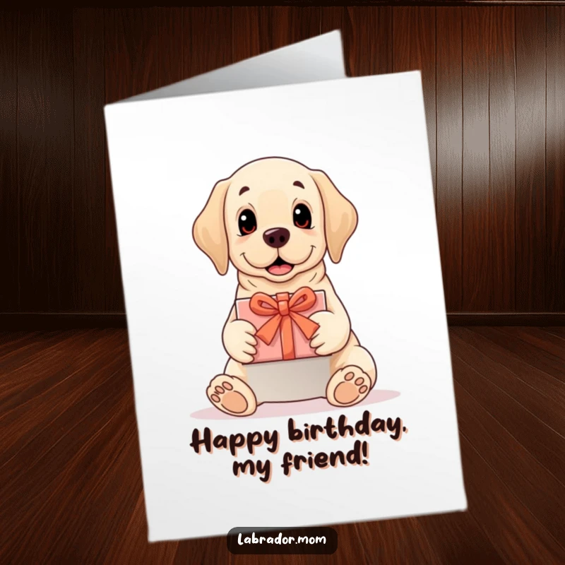 Funny Free Printable Birthday Card: A Labrador dog presenting a perfectly wrapped gift, ready to celebrate a special birthday.