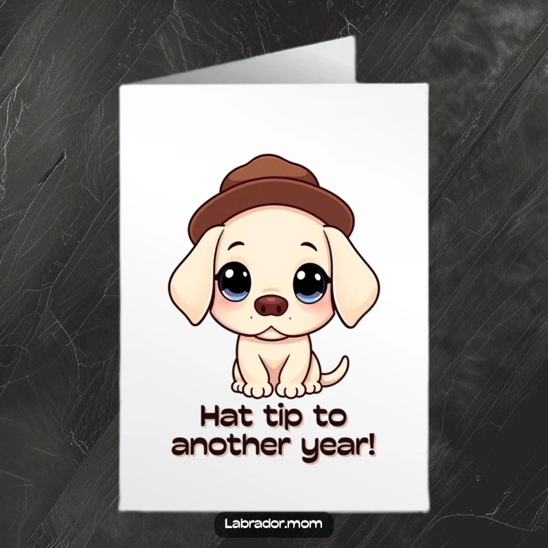 Funny Free Printable Birthday Card: A Kawaii Labrador with big, innocent eyes sits patiently, perfectly balancing a charming hat on its head.
