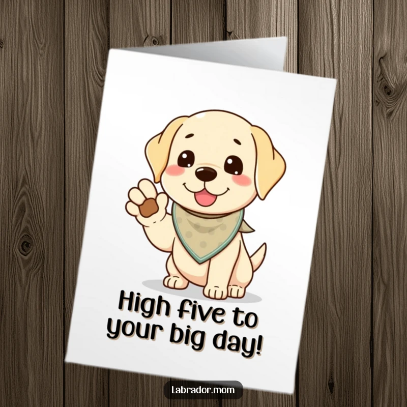 Funny Free Printable Birthday Card: Kawaii Labrador in a bandana offers a paw for a cheerful high-five, ready to celebrate.