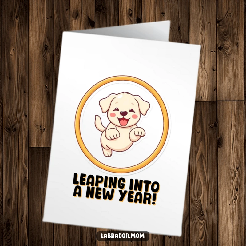 Funny Free Printable Birthday Card: A cute kawaii Labrador dog joyfully leaping high through a hoop.