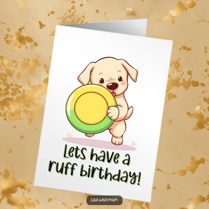 Funny free printable birthday card: A cute Labrador cub excitedly fetches a brightly colored Frisbee mid-air.