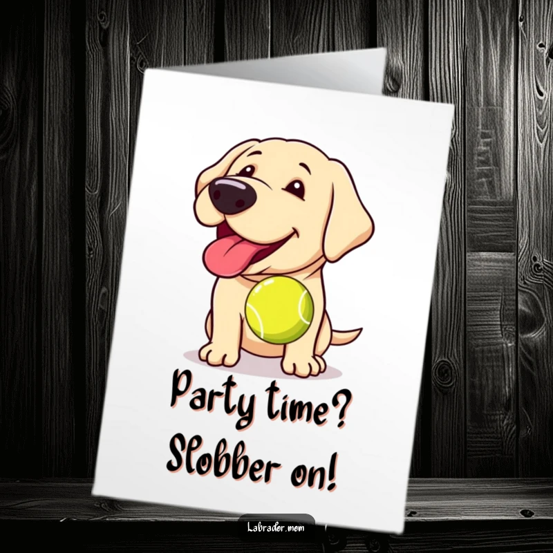 Funny Free Printable Labrador Birthday Card: Joyful Kawaii dog panting with tongue out, holding a tennis ball.