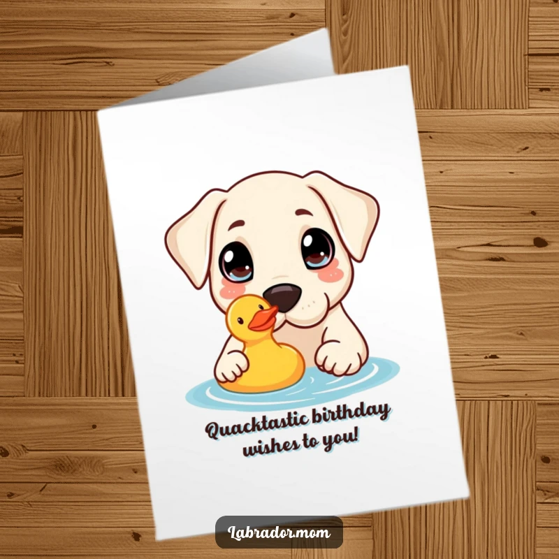 Funny free printable birthday card: Kawaii labrador with big curious eyes gently nudges a floating rubber duck in the bath.
