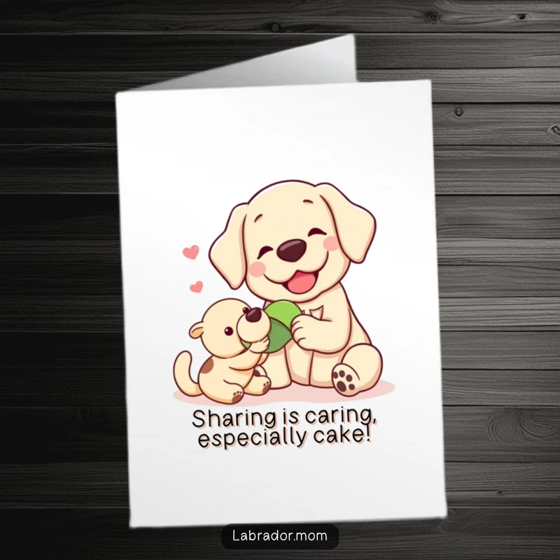 Funny Free Printable Birthday Card: Two kawaii labradors exchanging smiles while sharing a favorite toy, full of warmth.