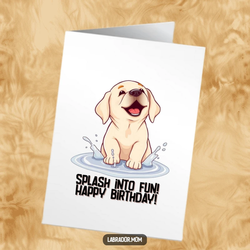 Funny Free Printable Birthday Card: A joyful Labrador gleefully splashing water in a muddy puddle. Playful wet dog illustration.