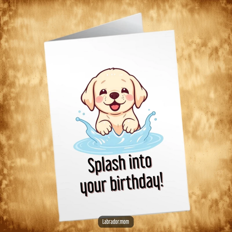 Funny Free Printable Birthday Card: A cute kawaii Labrador dog gleefully splashing water.