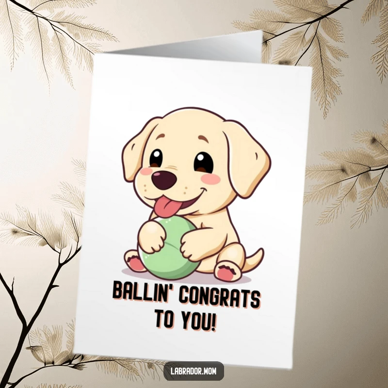 Funny Free Printable Congrats Card: A happy Kawaii Labrador with a floppy ear pants joyfully with a ball.