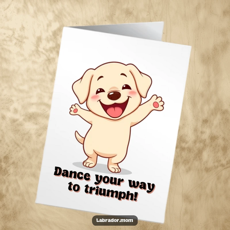 Funny Free Printable Congratulations Card: Kawaii Labrador in mid-dance, grinning widely with a hilariously goofy expression.