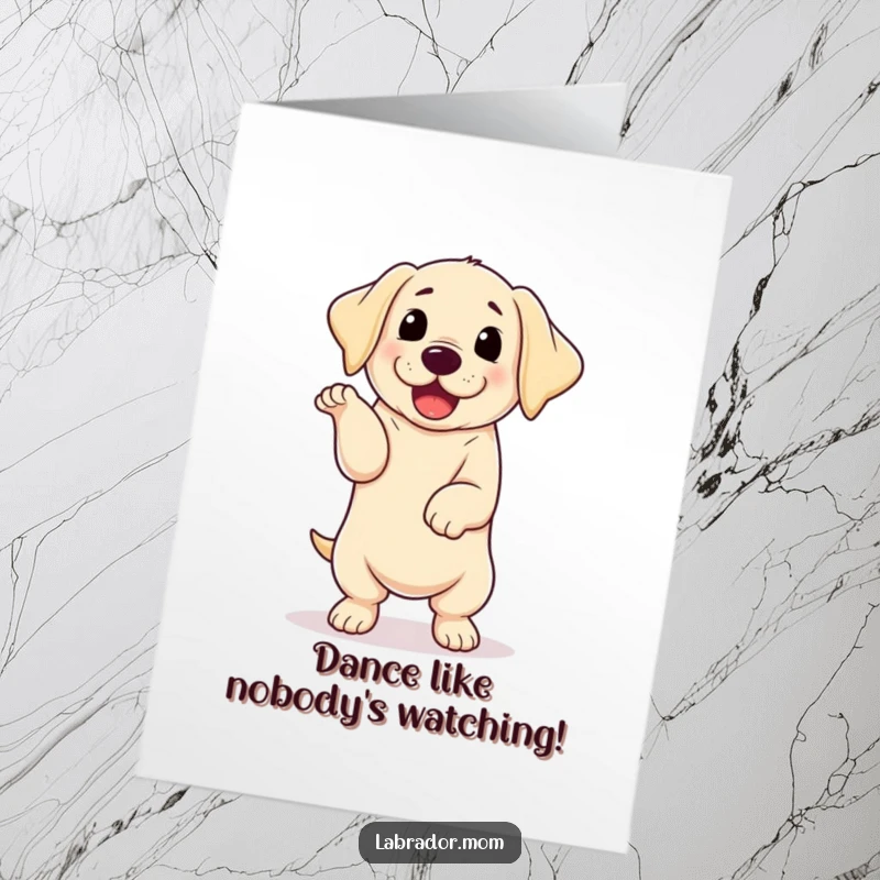 Funny free printable congratulations card: a joyful kawaii Labrador puppy with floppy ears caught mid-happy dance, full of celebratory spirit.