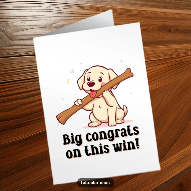 Funny free printable congratulations card: a proud kawaii Labrador puppy beaming as it fetches a comically large stick, symbolizing big success.