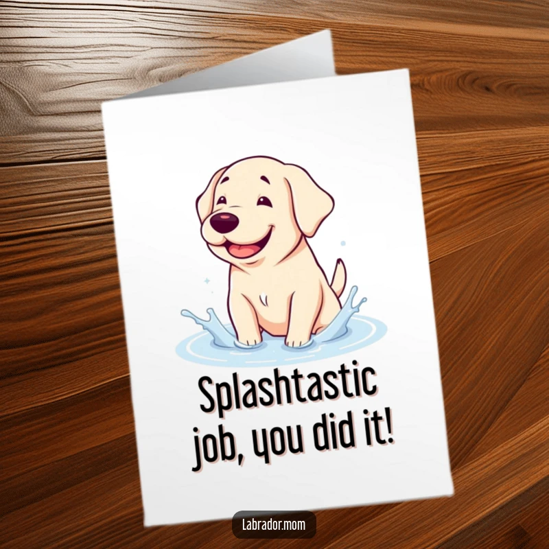 Funny free printable congratulations card: Goofy kawaii labrador gleefully splashes in a puddle, celebrating a happy occasion.