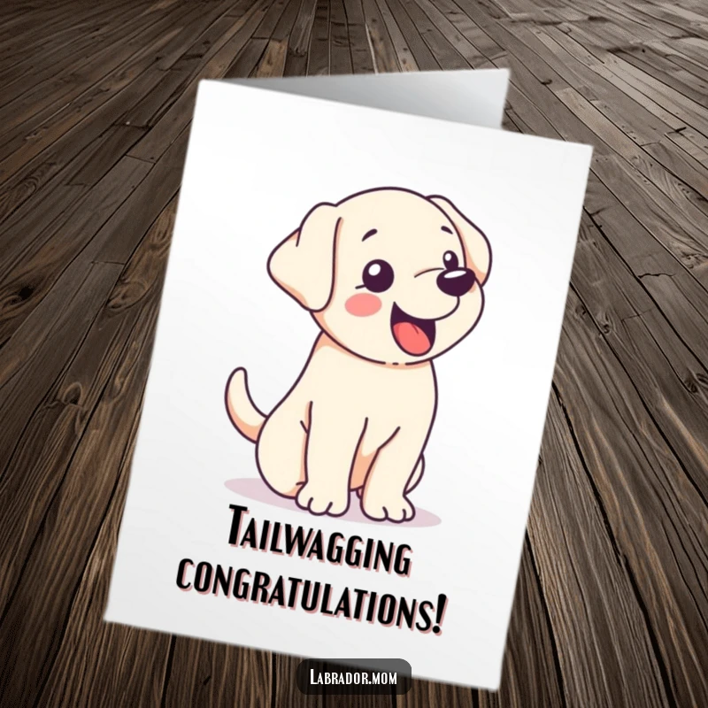 Funny free printable congratulations card: a kawaii Labrador puppy shaking with joy as its tail wags uncontrollably, celebrating success.