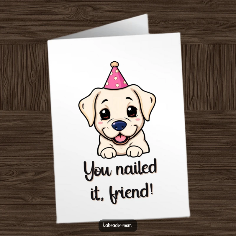 Funny Free Printable Congratulations Card: A charming kawaii labrador wearing a ridiculously silly party hat, perfect for celebrating achievements.