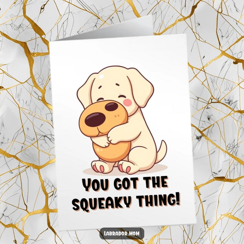 Funny Free Printable Congratulations Card: Cute kawaii labrador embraces a huge squeaky toy, celebrating success with pure delight.