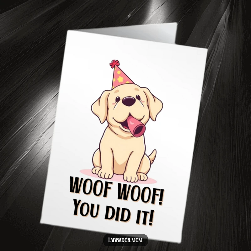 Funny Free Printable congratulations card of a kawaii labrador in a party hat, blowing a noisemaker to cheer for your amazing achievements.