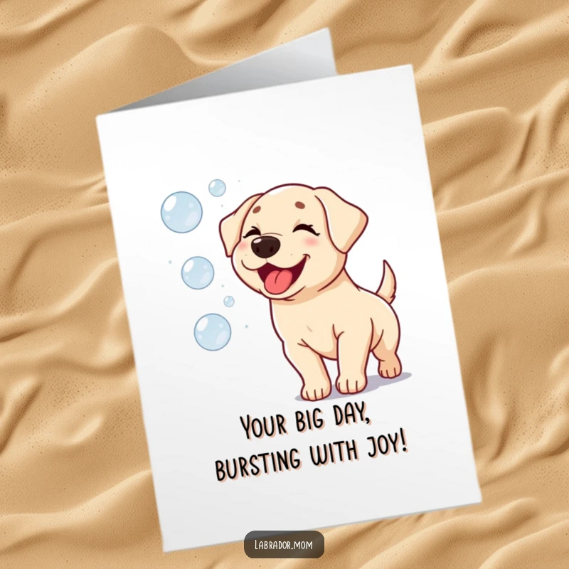 Funny Free Printable Kawaii Labrador Congratulations Card: Cute dog winking, cheerfully chasing bubbles, celebrating success.