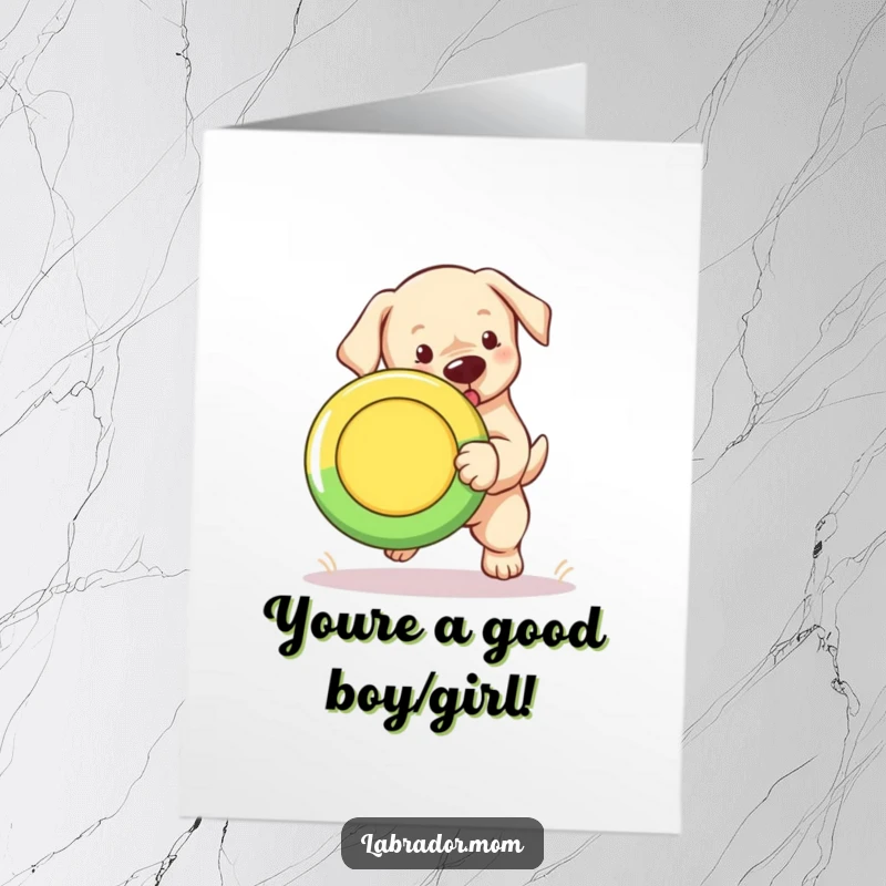 Funny free printable congratulations card: A cute Labrador cub joyfully catches a bright Frisbee, celebrating success.