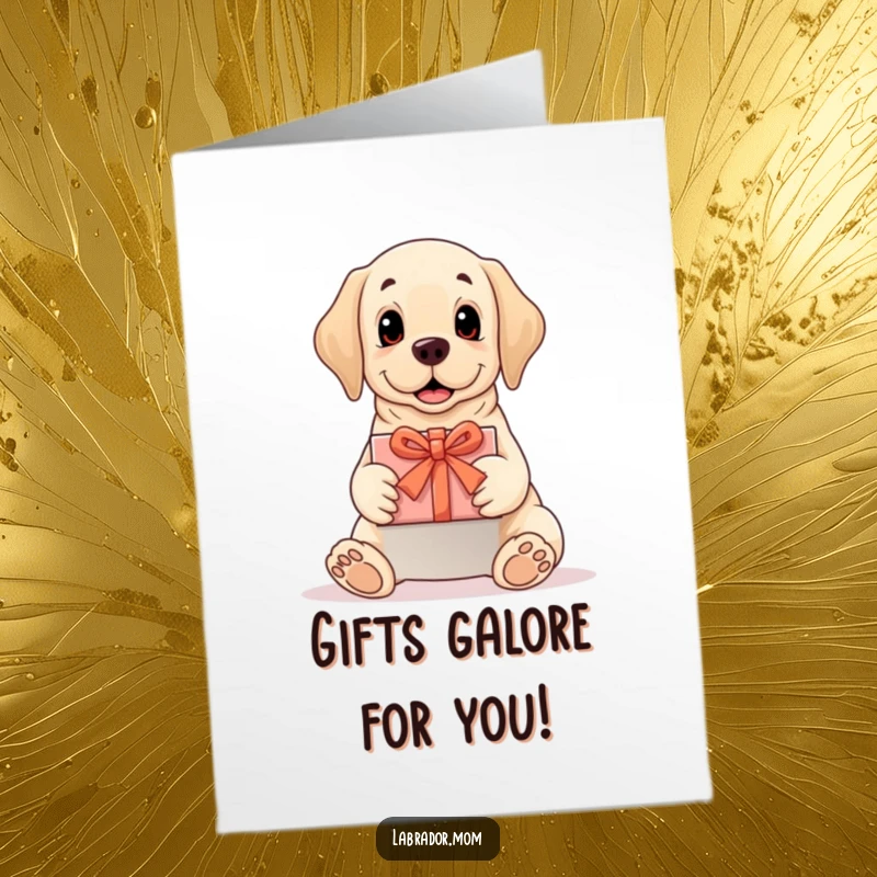 Funny Free Printable Congratulations Card: A Labrador dog presenting a perfectly wrapped gift, celebrating success with a thoughtful gesture.