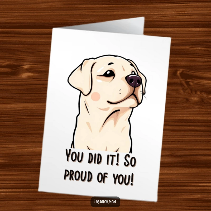 Funny Free Printable Congratulations Card: Cute Kawaii Labrador tilting head, listening for good news, adorable and celebratory.