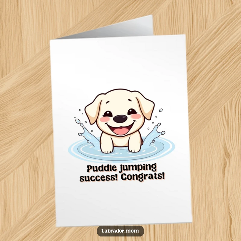 Funny Free Printable Congratulations Card: A cheerful Kawaii Labrador with a wide grin happily splashes in a water puddle, celebrating with wet-nosed glee.