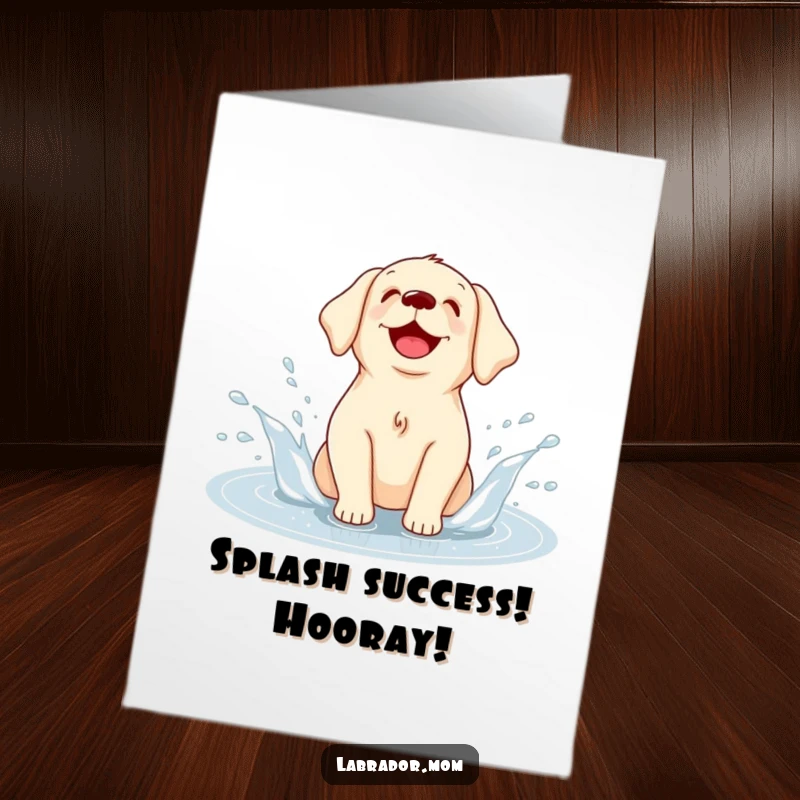 Funny Free Printable Congratulations Card: Cute Kawaii Labrador gleefully splashing in a puddle, celebrating.