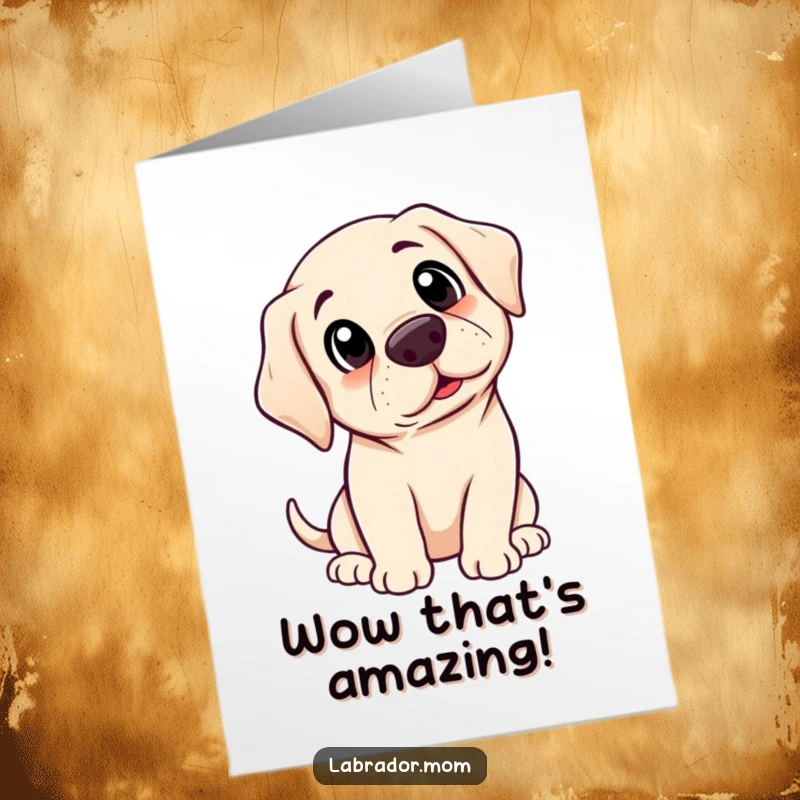 Funny free printable congratulations card showing a kawaii labrador's head tilted in sheer astonishment.