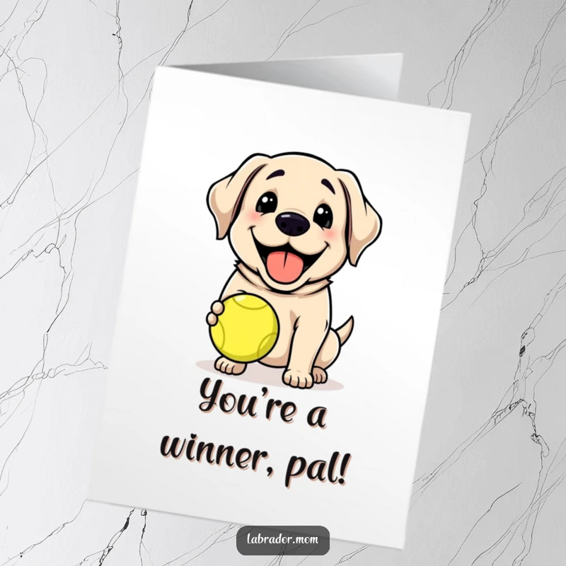 Funny Free Printable Happy Lab Congrats Card: Kawaii labrador with infectious grin holds a tennis ball, celebrating success.