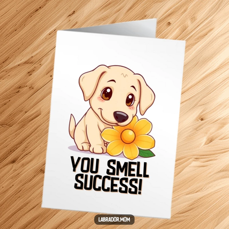 Funny Free Printable Congratulations Card: A playful Labrador with large curious eyes sniffing a massive flower.