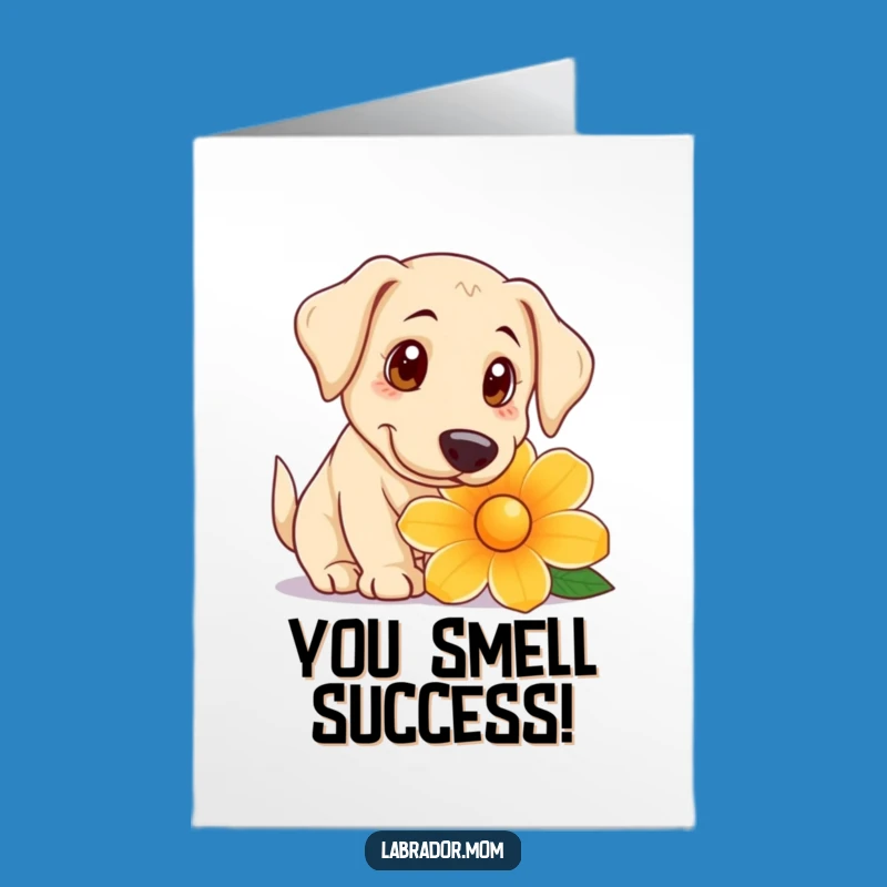Free Printable Congrats Card: Lab Sniffing Flower, Whimsical Downloadable Achievement Gift
