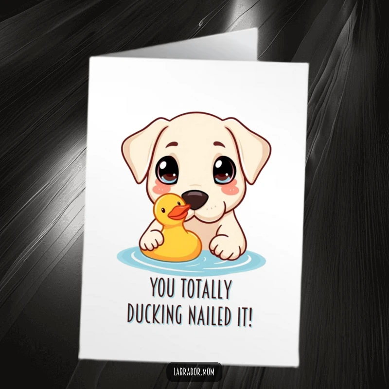 Funny free printable congratulations card: Curious kawaii labrador interacts with a floating rubber duck, celebrating a happy event.