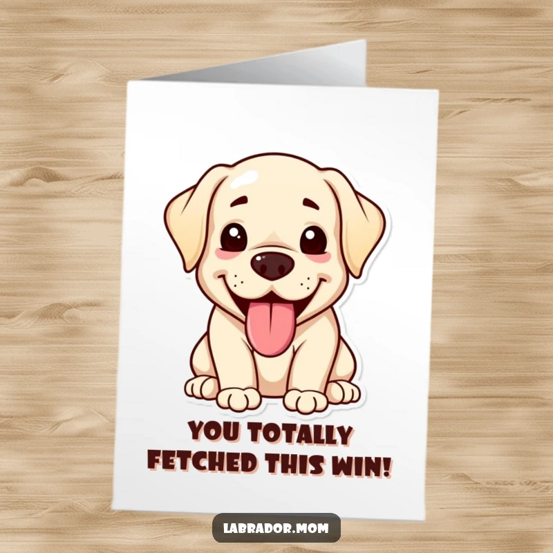 Funny Free Printable Kawaii Labrador Congratulations Card of a happy Labrador panting, tongue out, celebrating a joyous occasion.