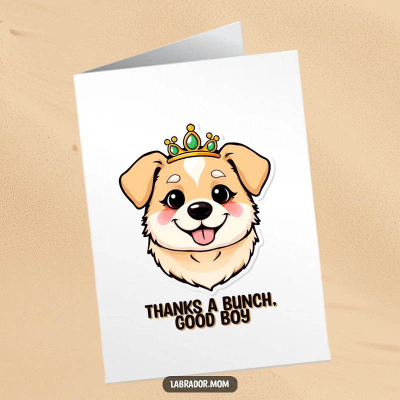 Funny Free Printable Thank You Card: Cheerful dog head wearing a tiara, expressing thankful barks.