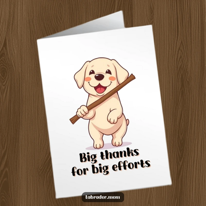 Funny Free Printable Thank You Card: A very enthusiastic Kawaii Labrador proudly carries a stick easily twice its size, a humorous gesture of thanks.