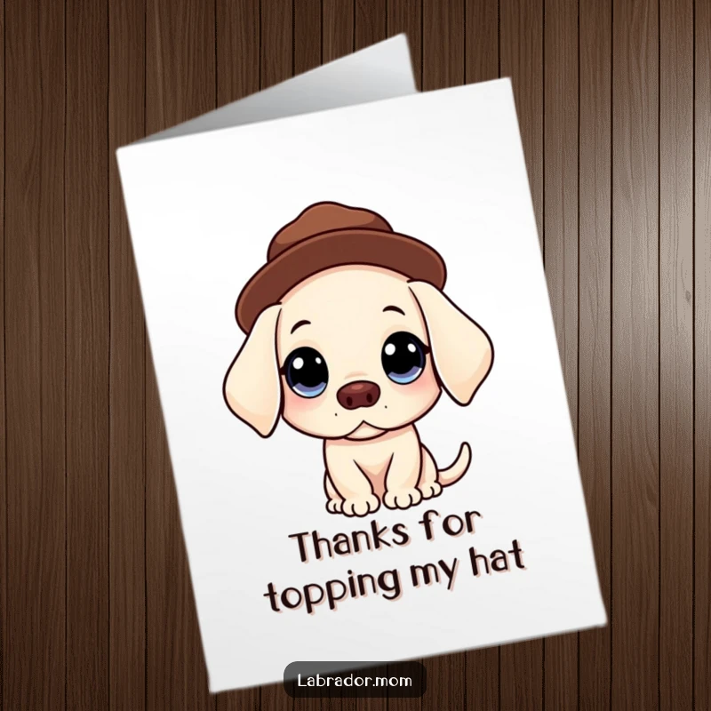 Funny Free Printable Thank You Card: A Kawaii Labrador with big, innocent eyes adorably balances a hat on its head, offering a charming thank you.
