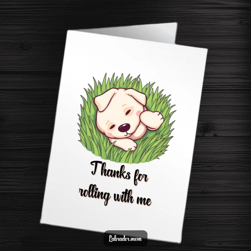 Funny Free Printable Thank You Card: A cute kawaii labrador rolls playfully in the grass, radiating pure, happy gratitude.