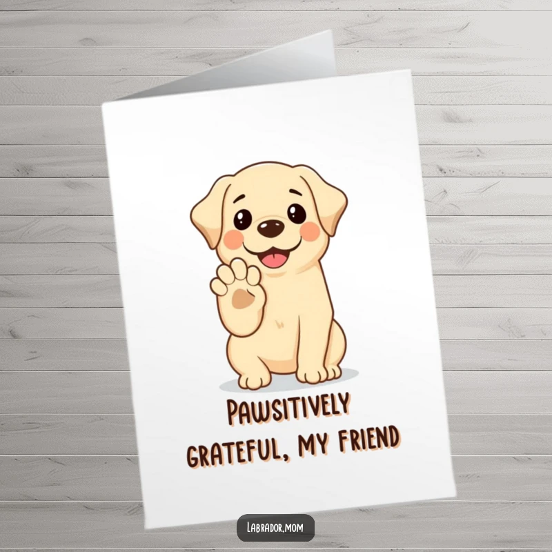 Funny Free Printable thank you card of a smiling kawaii labrador offering its paw for a high-five, conveying sincere and friendly appreciation.