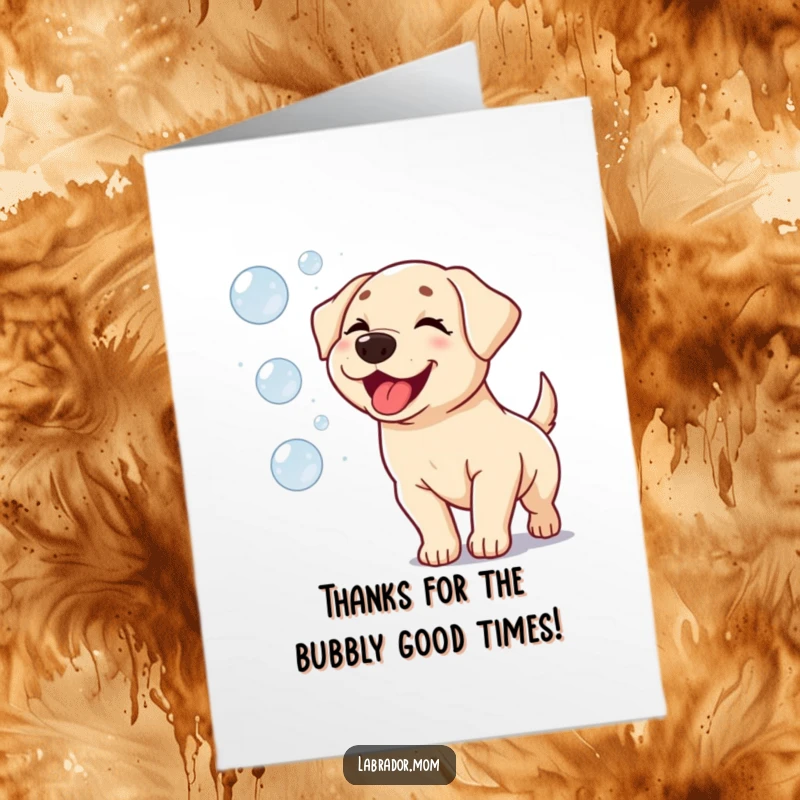Funny Free Printable Kawaii Labrador Thank You Card: Sweet dog winking while chasing bubbles, conveying thanks.