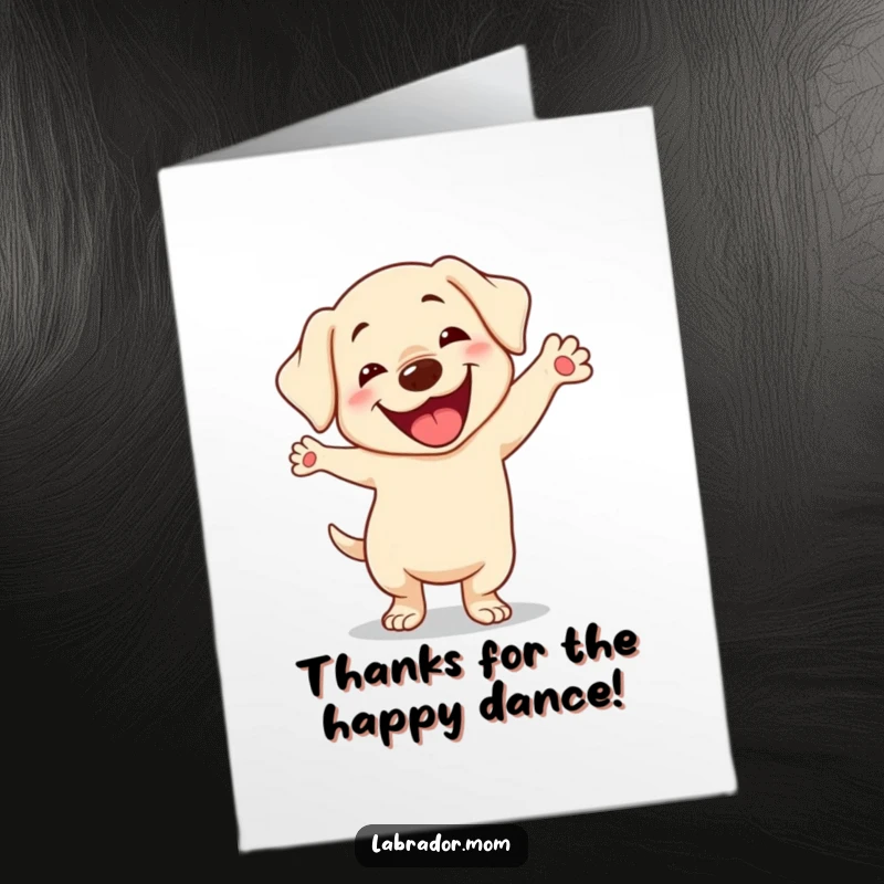 Funny Free Printable Thank You Card: Kawaii Labrador performing a silly, joyful dance with a wide, goofy smile, conveying thanks.