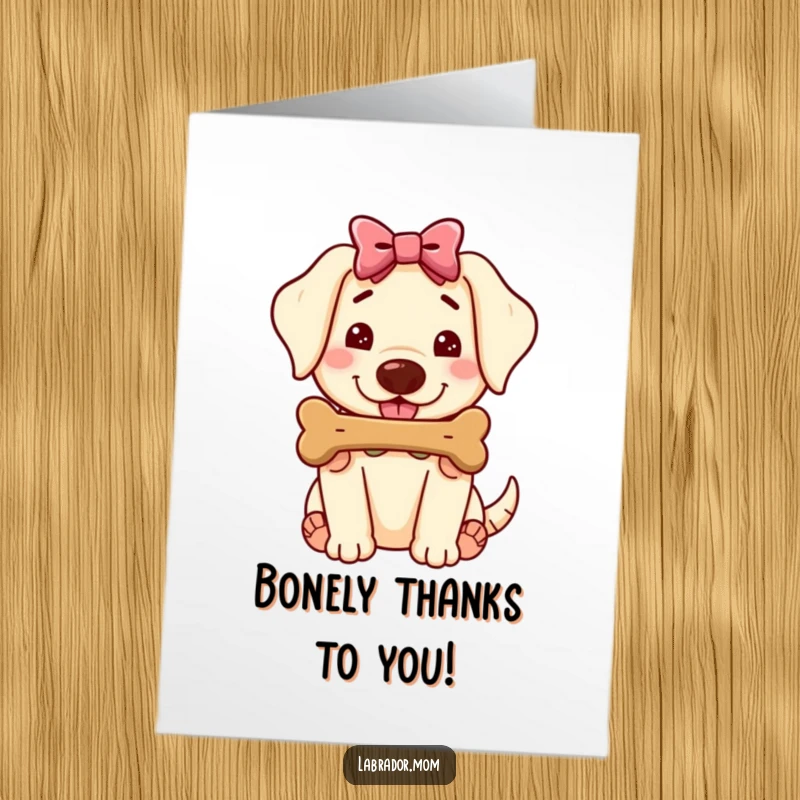 Funny Free Printable Thank You Card: Kawaii Labrador, adorned with a bow, kindly offers a juicy bone as a token of thanks.
