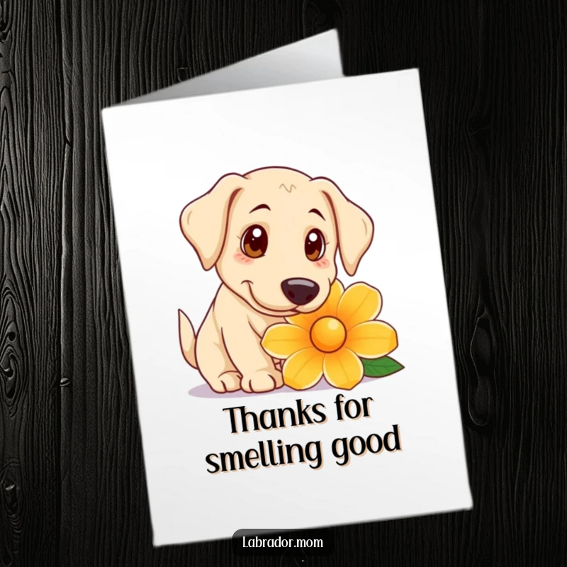 Funny Free Printable Thank You Card: A Labrador dog with big, curious eyes sniffing a giant flower.