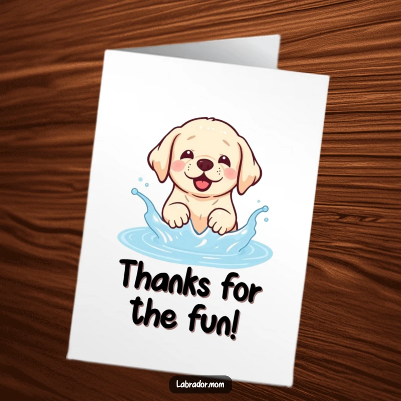 Funny Free Printable Thank You Card: A cute kawaii Labrador dog happily splashing in water, expressing thanks.