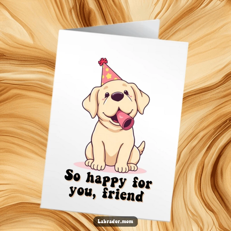Funny Free Printable thank you card featuring a kawaii labrador wearing a party hat and blowing a noisemaker to send your heartfelt appreciation.