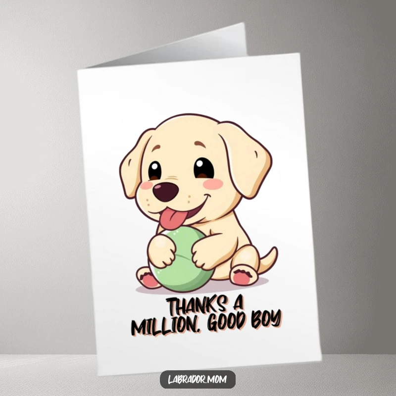 Funny Free Printable Thank You Card: Happy Kawaii Labrador with a floppy ear pants, holding a ball.