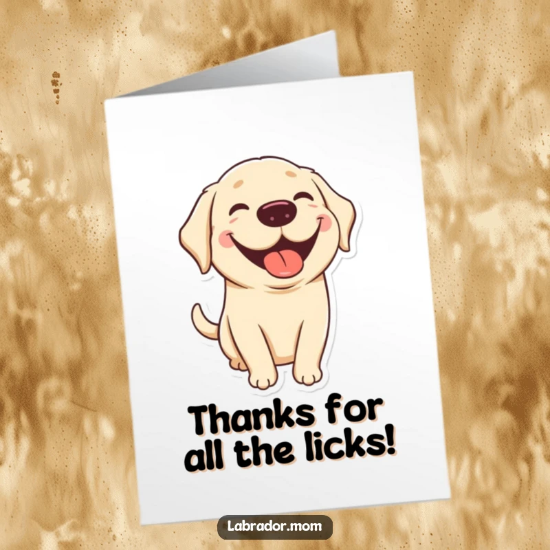 Funny free printable thank you card featuring a kawaii labrador with a big grin and its tongue playfully out.