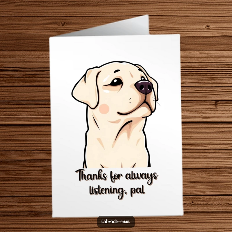 Funny Free Printable Thank You Card: Adorable Kawaii Labrador tilting head, listening with gratitude, sweet and appreciative.
