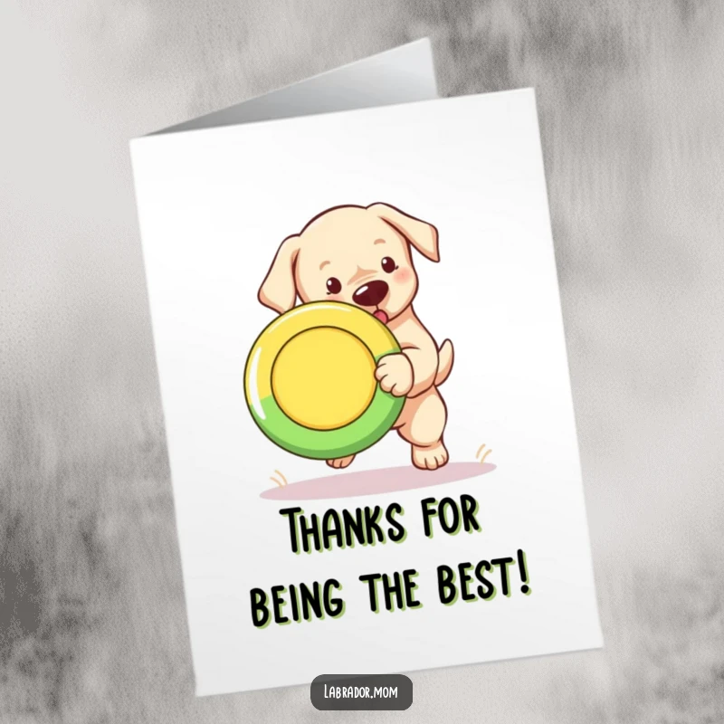 Funny free printable thank you card: A cute Labrador cub fetches a Frisbee, enthusiastically conveying thanks.